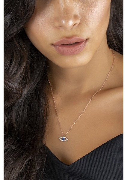 925 Ayar Rose Kaplamalı Beyaz Taşlı Lacivert Göz Gümüş Kolye