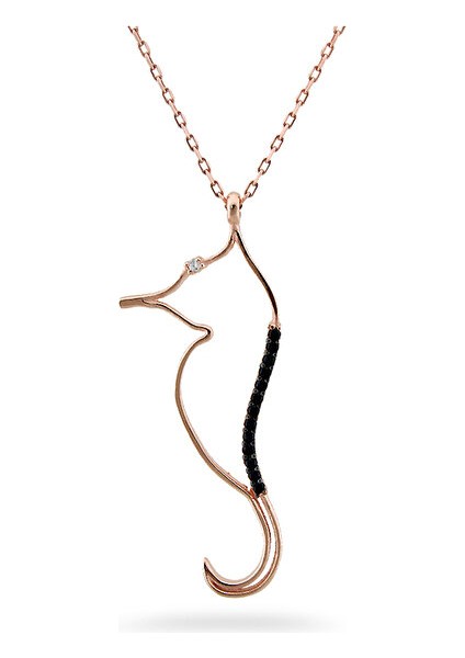 925 Ayar Rose Kaplamalı Siyah Taşlı Deniz Atı Gümüş Kolye