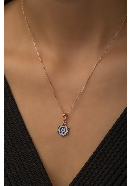 925 Ayar Rose Kaplamalı Zirkon Taşlı Nazar Gözlü Çiçek Gümüş Kolye
