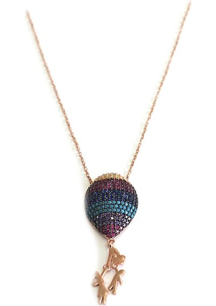 925 Ayar Rose Kaplamalı Multicolour Taşlı Balon ve Çocuklu Gümüş Kolye