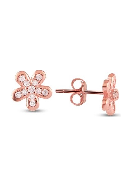 925 Ayar Rose Kaplamalı Beyaz Taşlı Minimal Papatya Gümüş Küpe modelleri