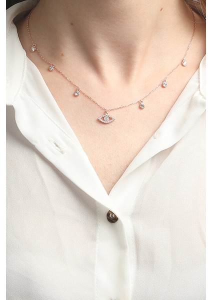 925 Ayar Rose Kaplamalı Beyaz Taşlı Minimal Göz Gümüş Kolye