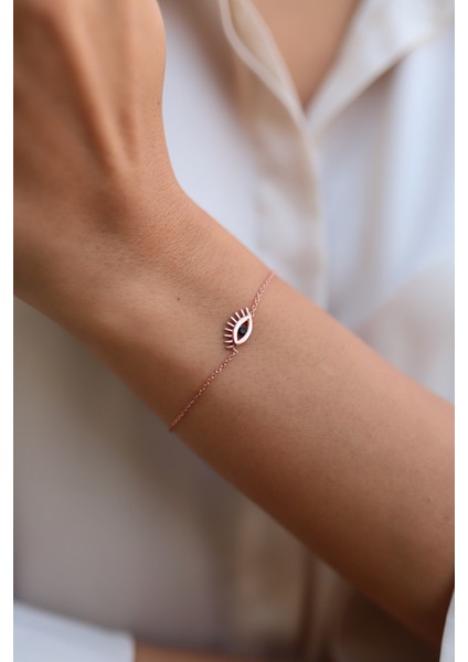 925 Ayar Gümüş Siyah Taşlı Göz Gümüş Bileklik Rose Renk