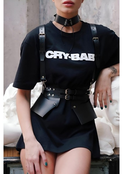 Elbise ve T-Shirt Üzeri Deri Şık Kemer ve Choker Takım - 622 Brnm [gymberq]