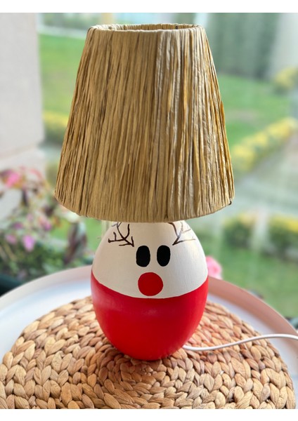 Candle Bee Design Kırmızı Beyaz Yılbaşı Geyik Figürlü Rattan Seramik Abajur