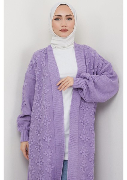 Kiraz Desenli Uzun Triko Hırka Lila HM2334 modelleri