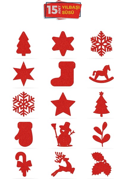 15'li Kırmızı Keçe Yılbaşı Süsü, Yılbaşı Ağacı,Yeni Yıl , Mery Christmas fırsatları