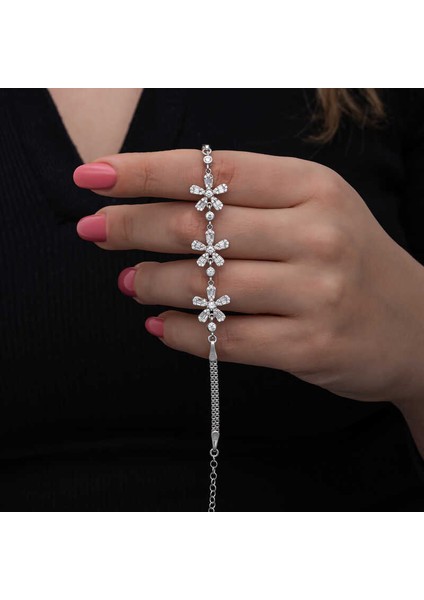 Gümüş Baget Çiçek Desenli Kadın Bileklik