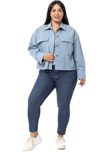 Büyük Beden Kapaklı Cepli Eteği Pis Dikişli Mavi Ceket