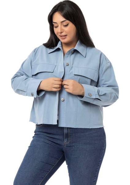 Büyük Beden Kapaklı Cepli Eteği Pis Dikişli Mavi Ceket fırsatları