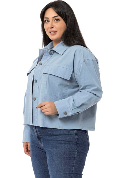 Büyük Beden Kapaklı Cepli Eteği Pis Dikişli Mavi Ceket indirimleri