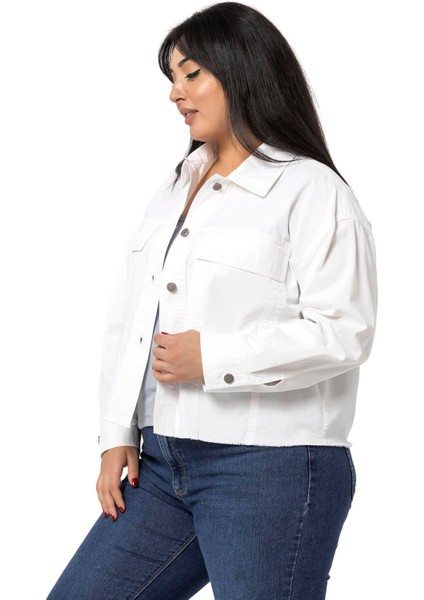 Büyük Beden Kapaklı Cepli Eteği Pis Dikişli Beyaz Ceket indirimleri