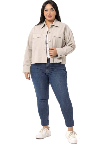 Büyük Beden Kapaklı Cepli Eteği Pis Dikişli Taş Rengi Ceket