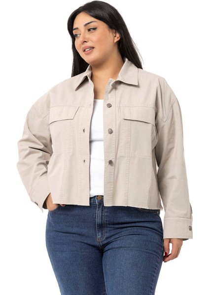 Büyük Beden Kapaklı Cepli Eteği Pis Dikişli Taş Rengi Ceket indirimleri