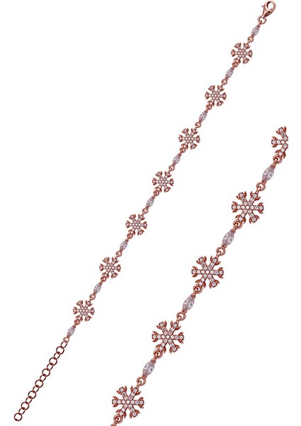 925 Ayar Rose Kaplamalı Beyaz Zirkon Taşlı Kar Tanesi Gümüş Bileklik