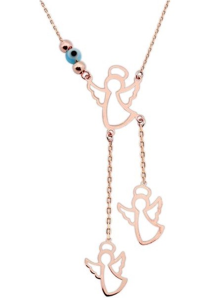 925 Ayar Rose Kaplamalı Nazar Boncuklu Sallantılı 3 Melekli Gümüş Kolye