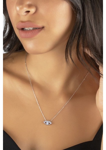 925 Ayar Swarovski Taşlı Göz Figürlü Rodyum Kaplamalı Gümüş Kolye