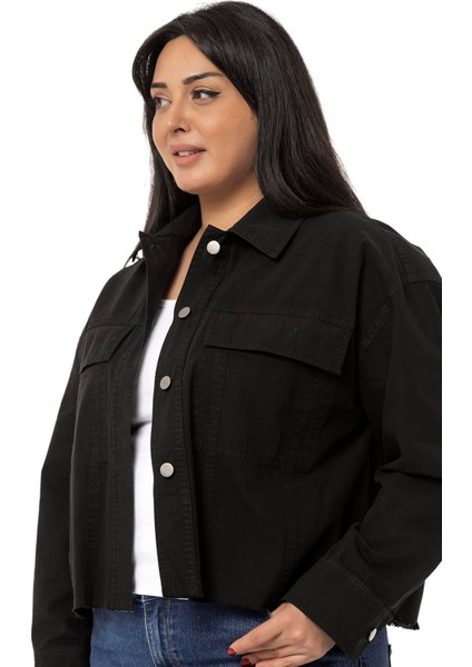 Büyük Beden Kapaklı Cepli Eteği Pis Dikişli Siyah Ceket fırsatları