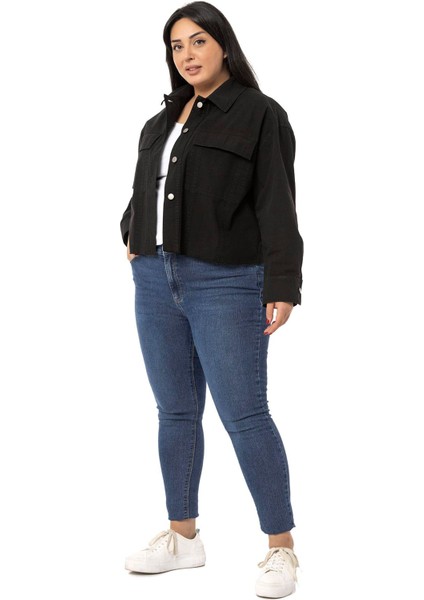 Büyük Beden Kapaklı Cepli Eteği Pis Dikişli Siyah Ceket indirimleri