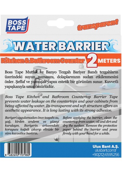 Mutfak Banyo Tezgahı Su Kesici Yapışkanlı Bariyer 2 Metre Şeffaf