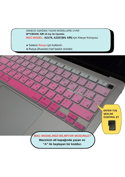 Macbook Air M1 Klavye Kılıfı 13 inç Rusça Harf Baskı A2179 A2337 ile Uyumlu Pembe Gradient