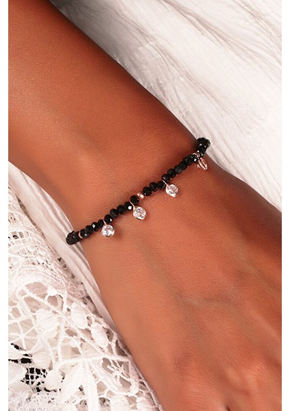 925 Ayar Rose Kaplamalı Beyaz Taşlı Siyah Boncuklu Lastikli Gümüş Bileklik