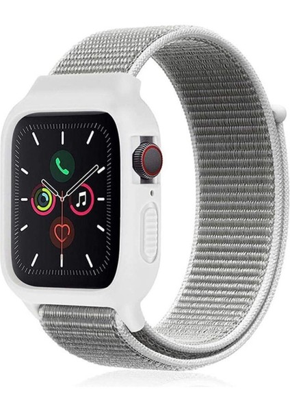 Apple Watch 42 mm Hasırlı Cırtcırtlı Kasalı Kordon 2/3/4/5/6/7/8 Azn-Kasalı