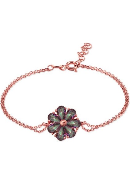 925 Ayar Rose Kaplamalı Mistik Topaz Damla Taşlı Çiçek Gümüş Bileklik