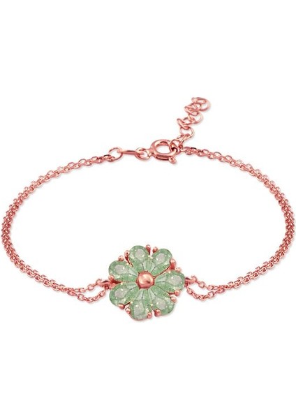 925 Ayar Rose Kaplamalı Yeşil Damla Taşlı Çiçek Gümüş Bileklik