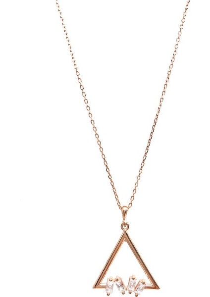 925 Ayar Rose Kaplamalı Beyaz Baget Taşlı Üçgen Gümüş Kolye