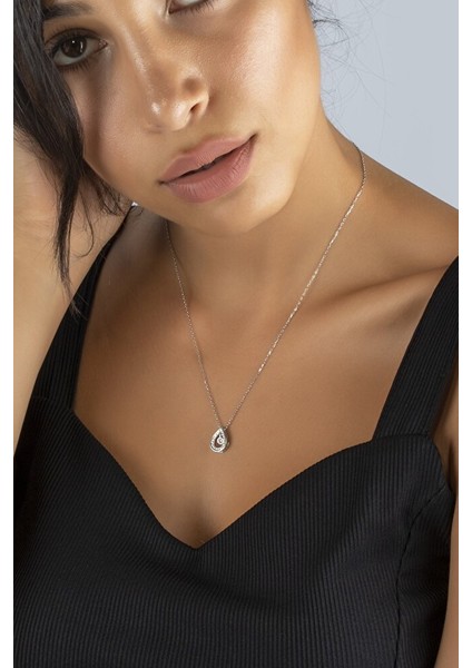 925 Ayar Swarovski Taşlı Damla Rodyum Kaplamalı Gümüş Kolye