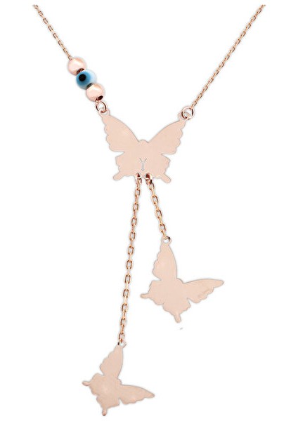 925 Ayar Rose Kaplamalı Nazar Boncuklu 3 Kelebekli Gümüş Kolye