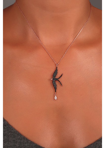 925 Ayar Rose Kaplamalı Siyah Taşlı Kırlangıç Kuş Gümüş Kolye