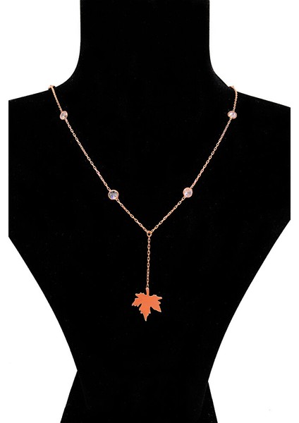 925 Ayar Rose Kaplamalı Beyaz Taşlı Yaprak Pullu Gümüş Kolye