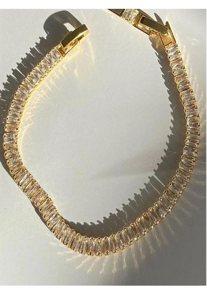 Çelik 14K Zirkon Baget Gold Bileklik (Kalınlık: 6 mm / Uzunluk: 17-19 Cm)