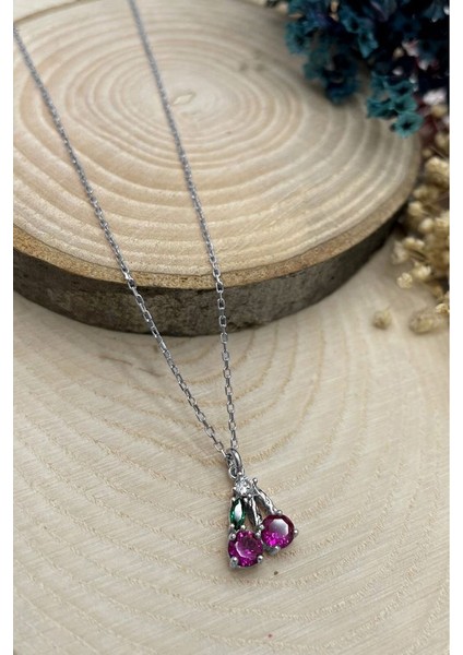 925 Ayar Rodyum Kaplamalı Ruby Taşlı Minimal Kiraz - Meyve Gümüş Kolye
