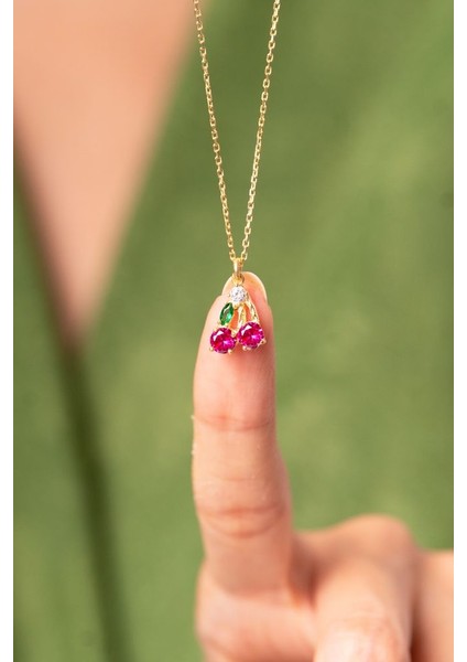 925 Ayar Rodyum Kaplamalı Ruby Taşlı Minimal Kiraz - Meyve Gümüş Kolye