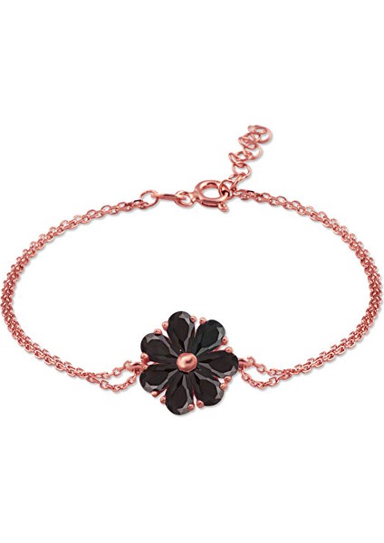 925 Ayar Rose Kaplamalı Siyah Damla Taşlı Çiçek Gümüş Bileklik