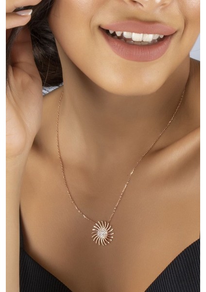 925 Ayar Rose Kaplamalı Mavi Taşlı Güneş Tasarım Gümüş Kolye fiyatları