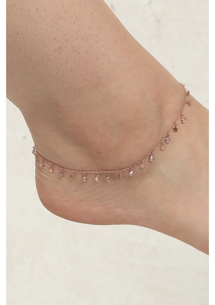 925 Ayar Rose Kaplamalı Beyaz Taşlı Pullu Mini Yıldız Gümüş Halhal