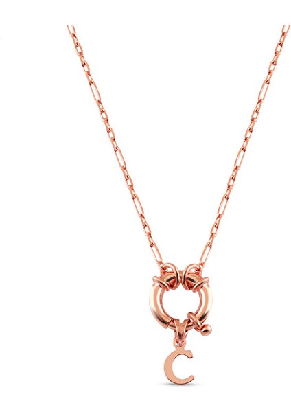 925 Ayar Rose Kaplamalı Halka Kilit Minimal Tasarım C Harf Gümüş Kolye