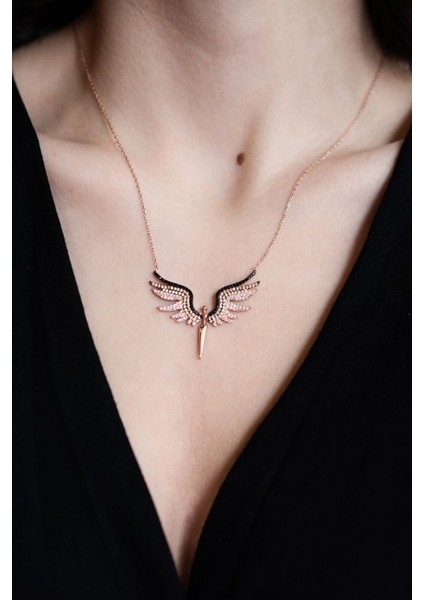 925 Ayar Rose Kaplamalı Siyah Renkli Melek Gümüş Kolye fırsatları