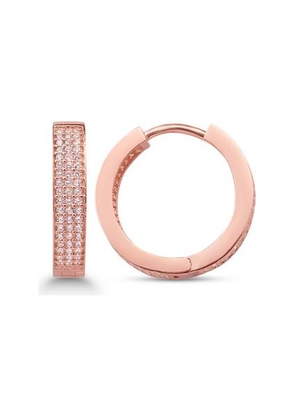925 Ayar Rose Kaplamalı 3 Sıra Beyaz Taşlı 1,5 cm Halka Gümüş Küpe