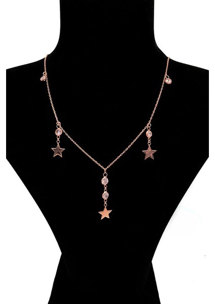 925 Ayar Rose Kaplamalı Beyaz Taşlı Sallantılı Yıldız Pullu Gümüş Kolye