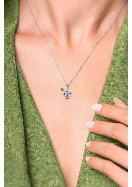 925 Ayar Rodyum Kaplamalı Mor Taşlı Minimal Üzüm - Meyve Gümüş Kolye