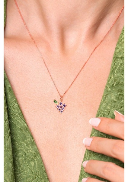 925 Ayar Rodyum Kaplamalı Mor Taşlı Minimal Üzüm - Meyve Gümüş Kolye modelleri