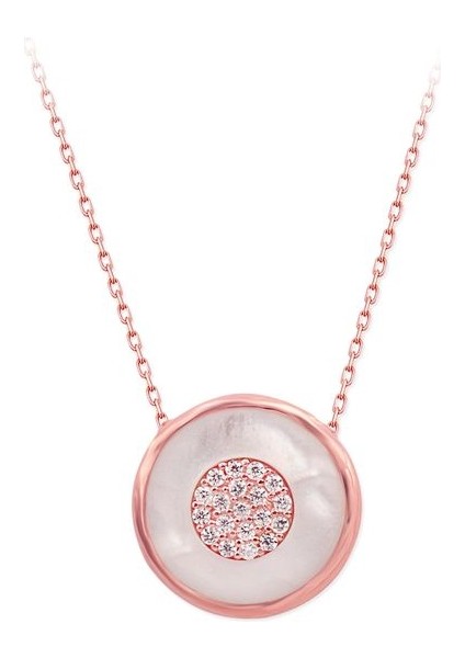 925 Ayar Rose Kaplamalı Sedef Taşlı ve Beyaz Taşlı Yuvarlak Tasarım Gümüş Kolye