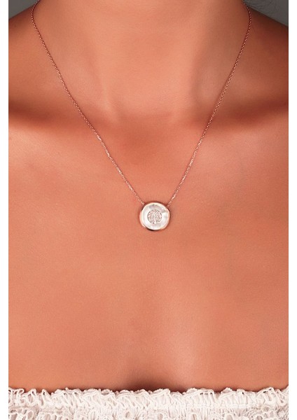 925 Ayar Rose Kaplamalı Sedef Taşlı ve Beyaz Taşlı Yuvarlak Tasarım Gümüş Kolye fiyatları