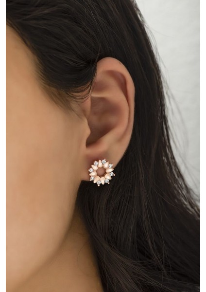 925 Ayar Rose Kaplamalı Beyaz Taşlı Güneş Çiçeği Gümüş Küpe