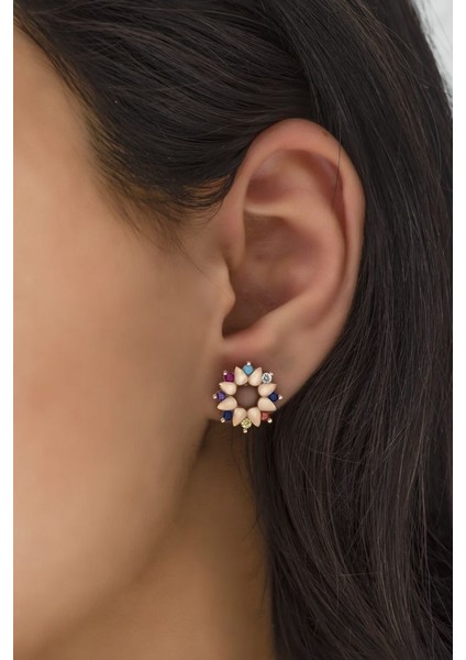 925 Ayar Rose Kaplamalı Beyaz Taşlı Güneş Çiçeği Gümüş Küpe modelleri